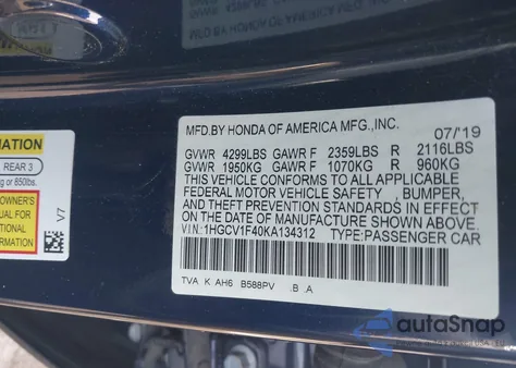 2019 Honda Accord Ex z USA, uszkodzony, nr VIN 1HGCV1F40KA134312